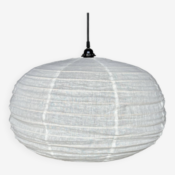 Medium suspension in rattan and natural linen Japanese style flattened round (Labu) H35 D60
