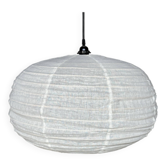 Medium suspension in rattan and natural linen Japanese style flattened round (Labu) H35 D60