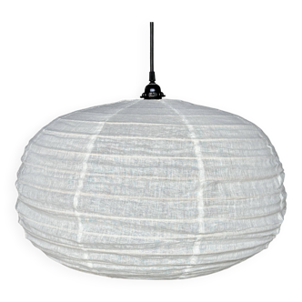 Medium pendant light in rattan and natural linen, Japanese-style, flattened round (Labu) H35 D60