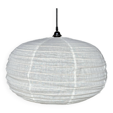 Moyenne suspension en rotin et lin naturel japonisante ronde aplatie (Labu) H35 D60