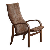 Mid-century modern Swedish armchair, high back in oak and lambswool, 1960s.