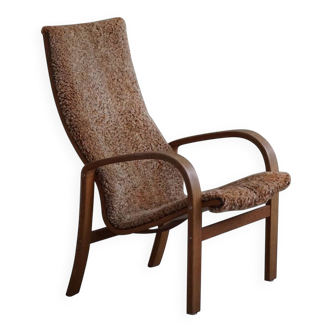 Mid-century modern Swedish armchair, high back in oak and lambswool, 1960s.