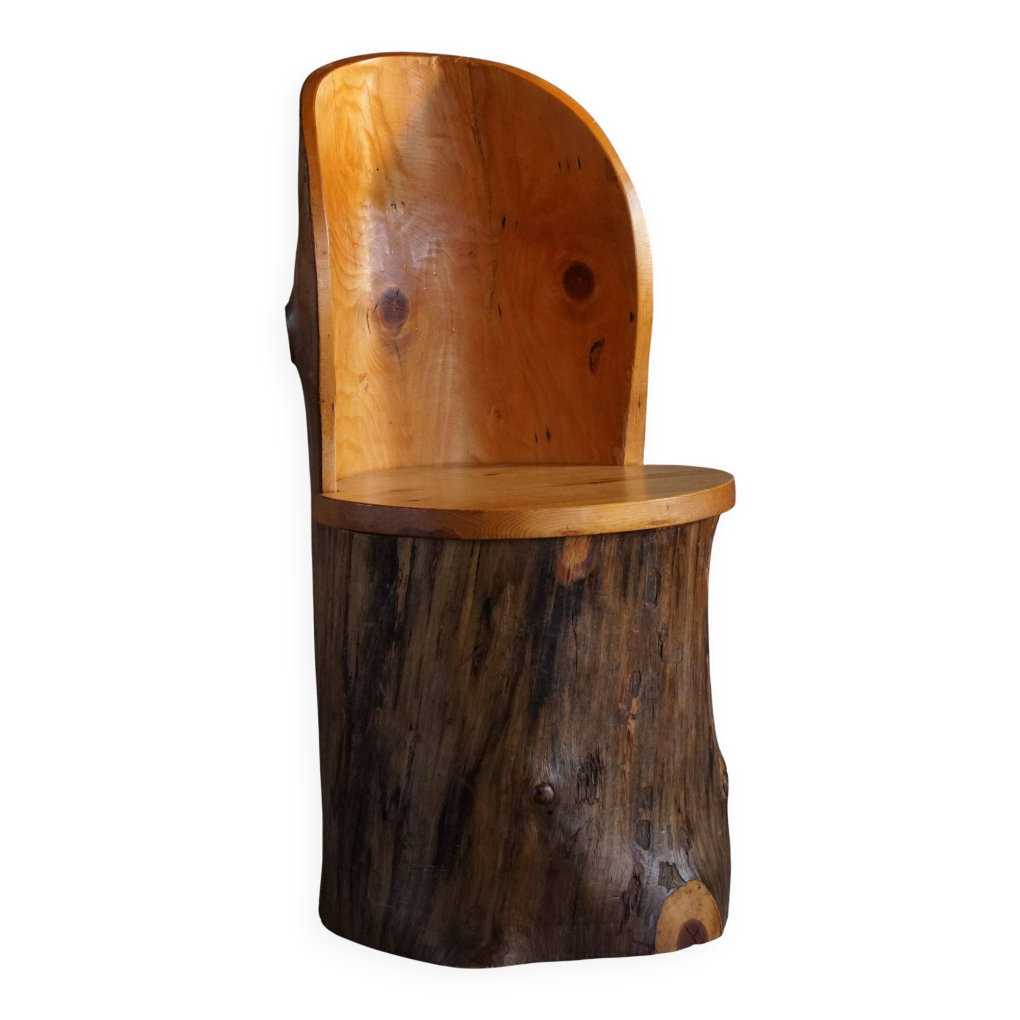 Modern primitive Swedish hand-carved pine stump chair, Wabi Sabi, 1960s