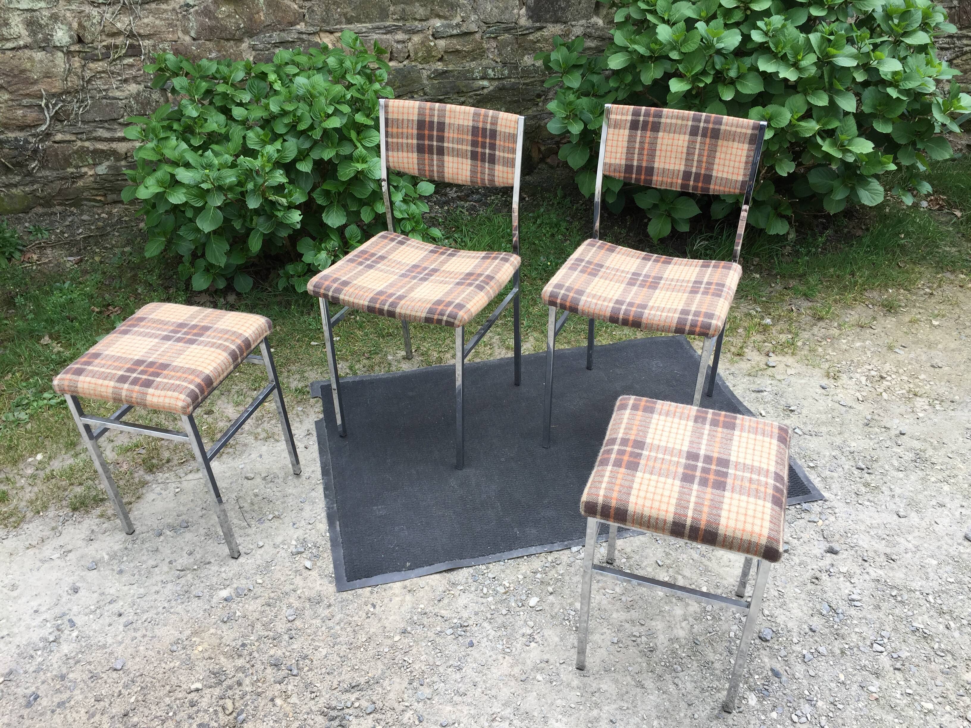 Vintage chairs and stools with chrome-plated square tubular metal base.