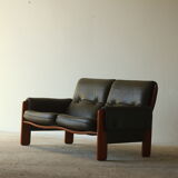 Olive leather two seater sofa, 1970'
