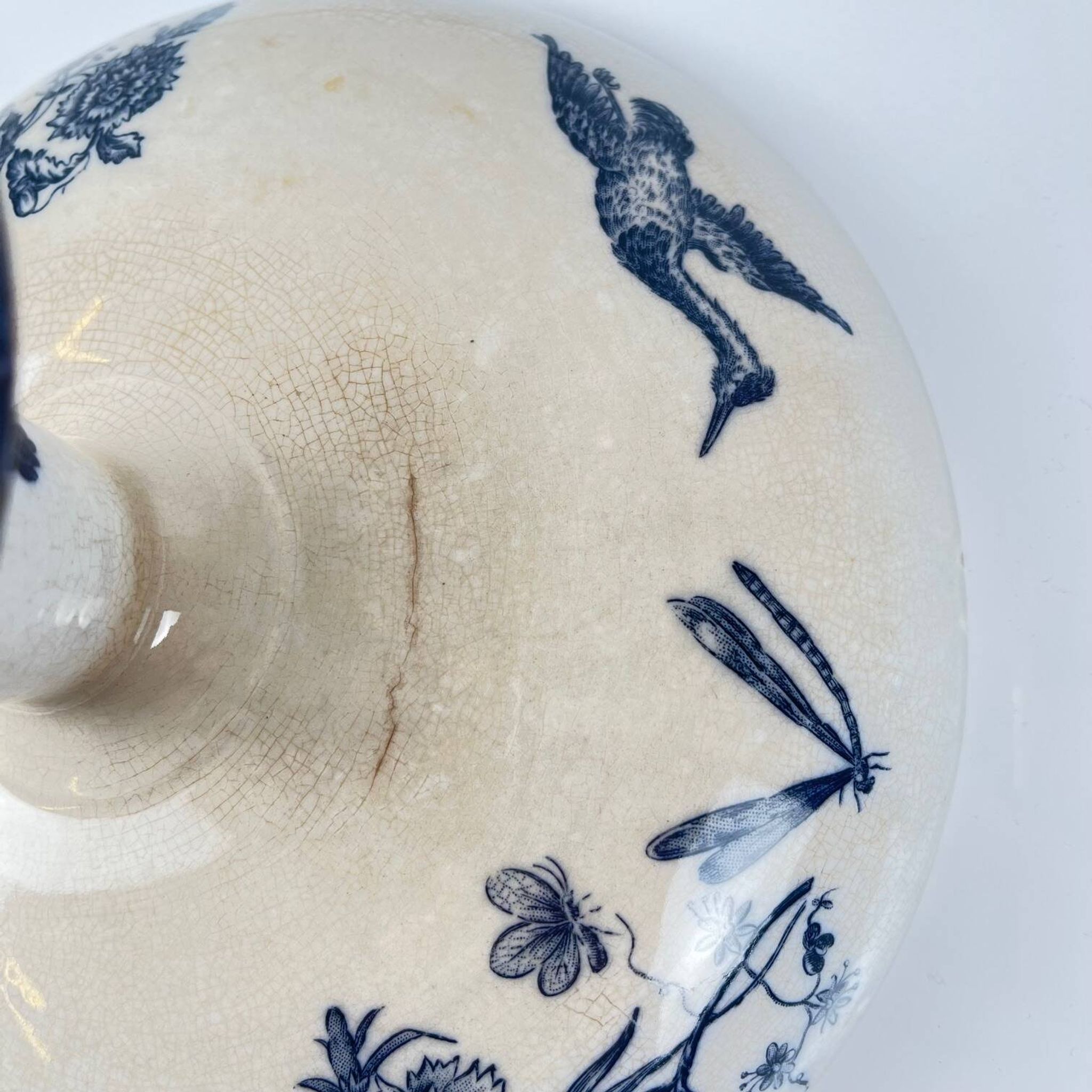 Compotier terre de Fer Pexonne, motif oiseau bleu fin XIXe