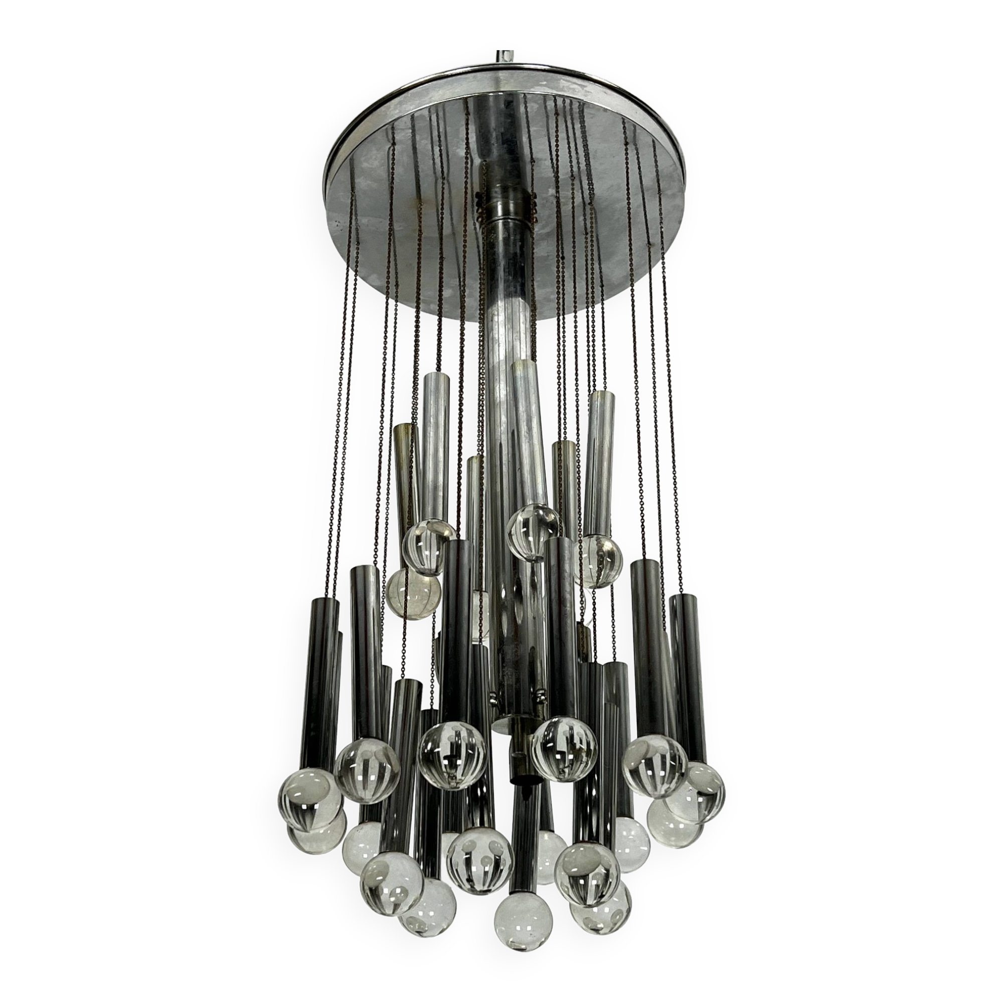 Sciolari, iconic glass sphere and chrome chandelier. Italy 1960s