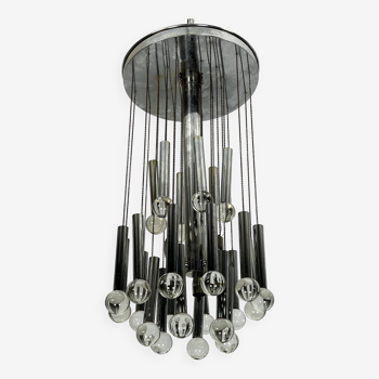 Sciolari, iconic glass sphere and chrome chandelier. Italy 1960s