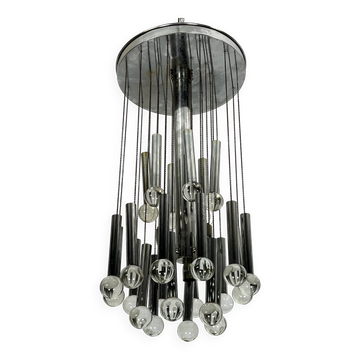 Sciolari, iconic glass sphere and chrome chandelier. Italy 1960s