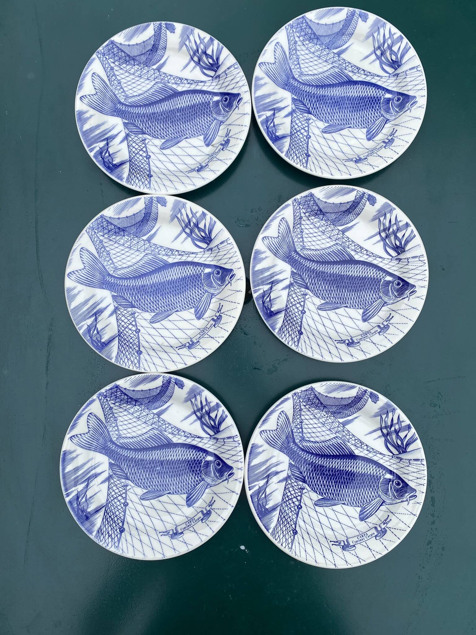 Plates and dish, fish service with cobalt blue decoration.