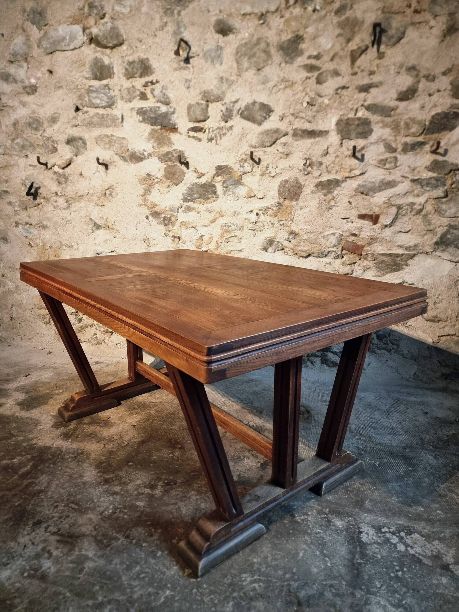 Table vintage française en chêne massif style Arts & Crafts, 1930s–1940s