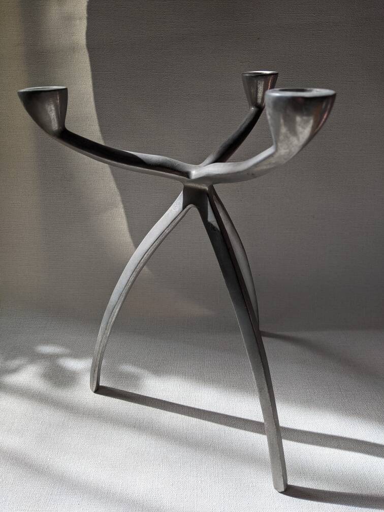 Scandinavian design tripod aluminum candlestick holder silver metal