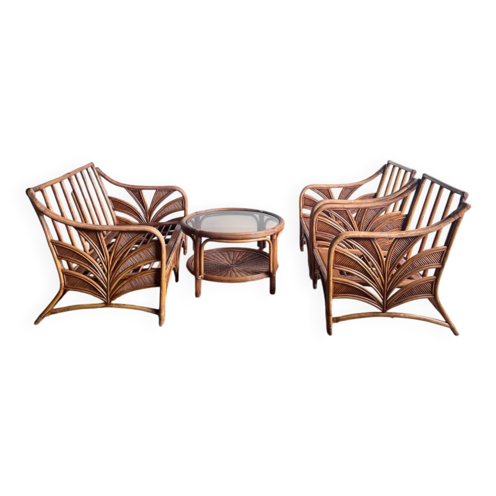 Rattan lounge set with 2 armchairs and a 'Palm Leaf' sofa from Vivai del Sud.