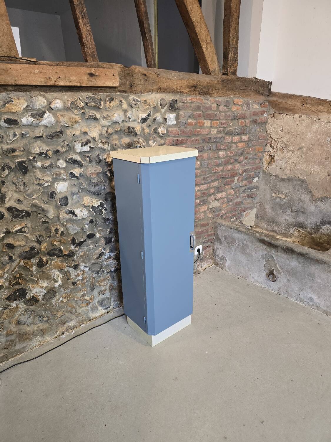 Small Mado 1960 kitchen column unit in yellow formica restyled in blue
