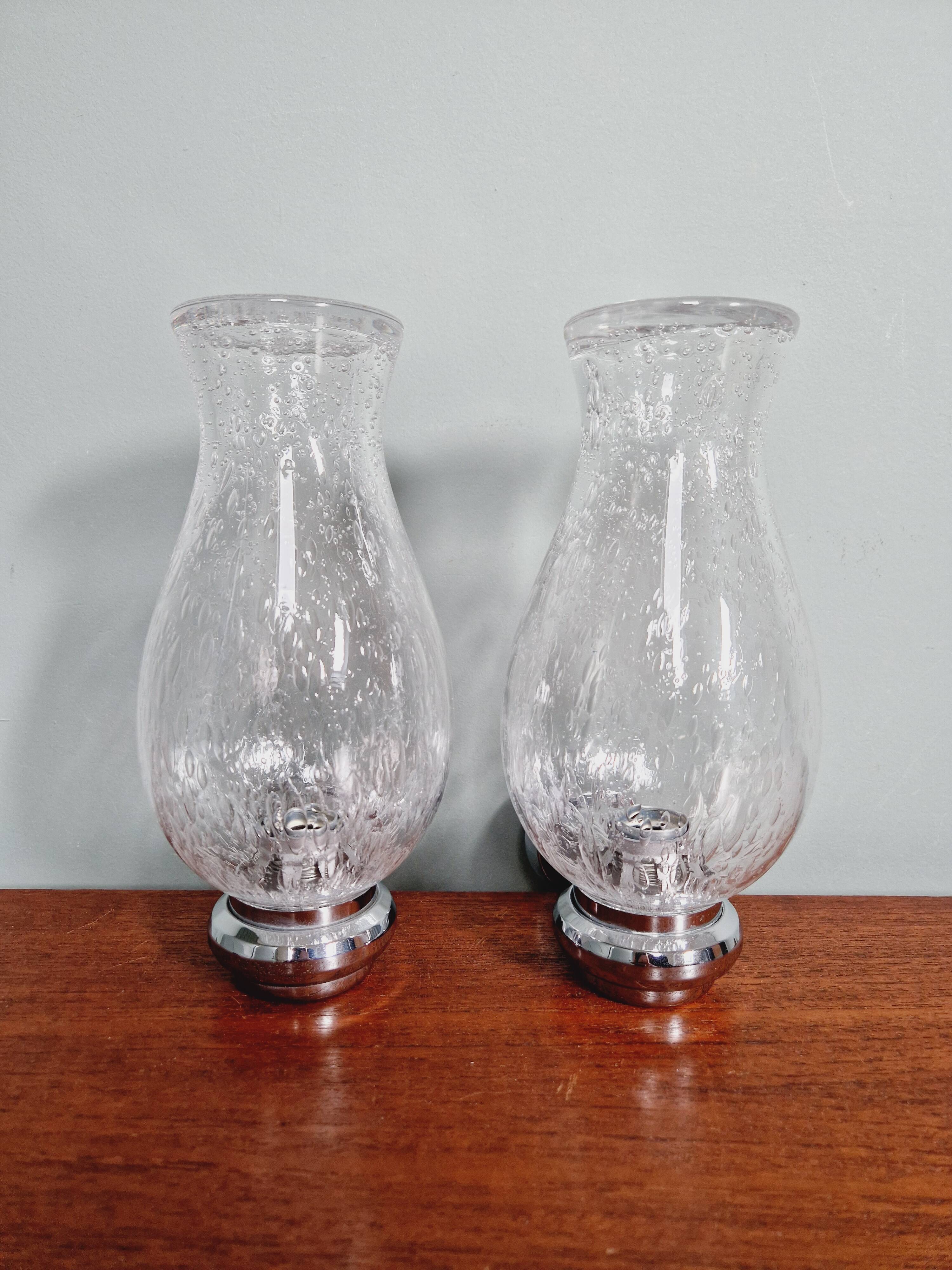 Pair of blown glass and chrome-plated metal wall lights, 1970s