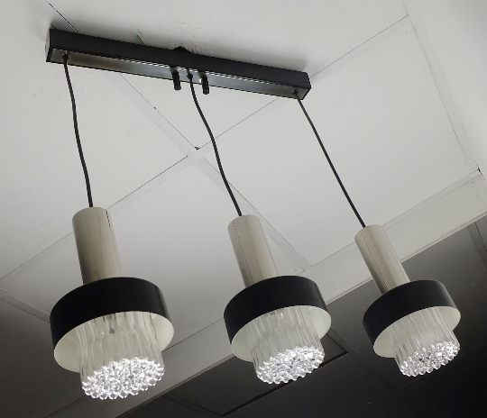 Mid century modern 3-light pendant lamp glass and chrome and black metal 1960s