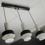 Mid century modern 3-light pendant lamp glass and chrome and black metal 1960s