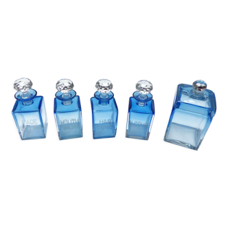 Set of 5 Bohemian Crystal Sapphire Blue Toiletry Bottles