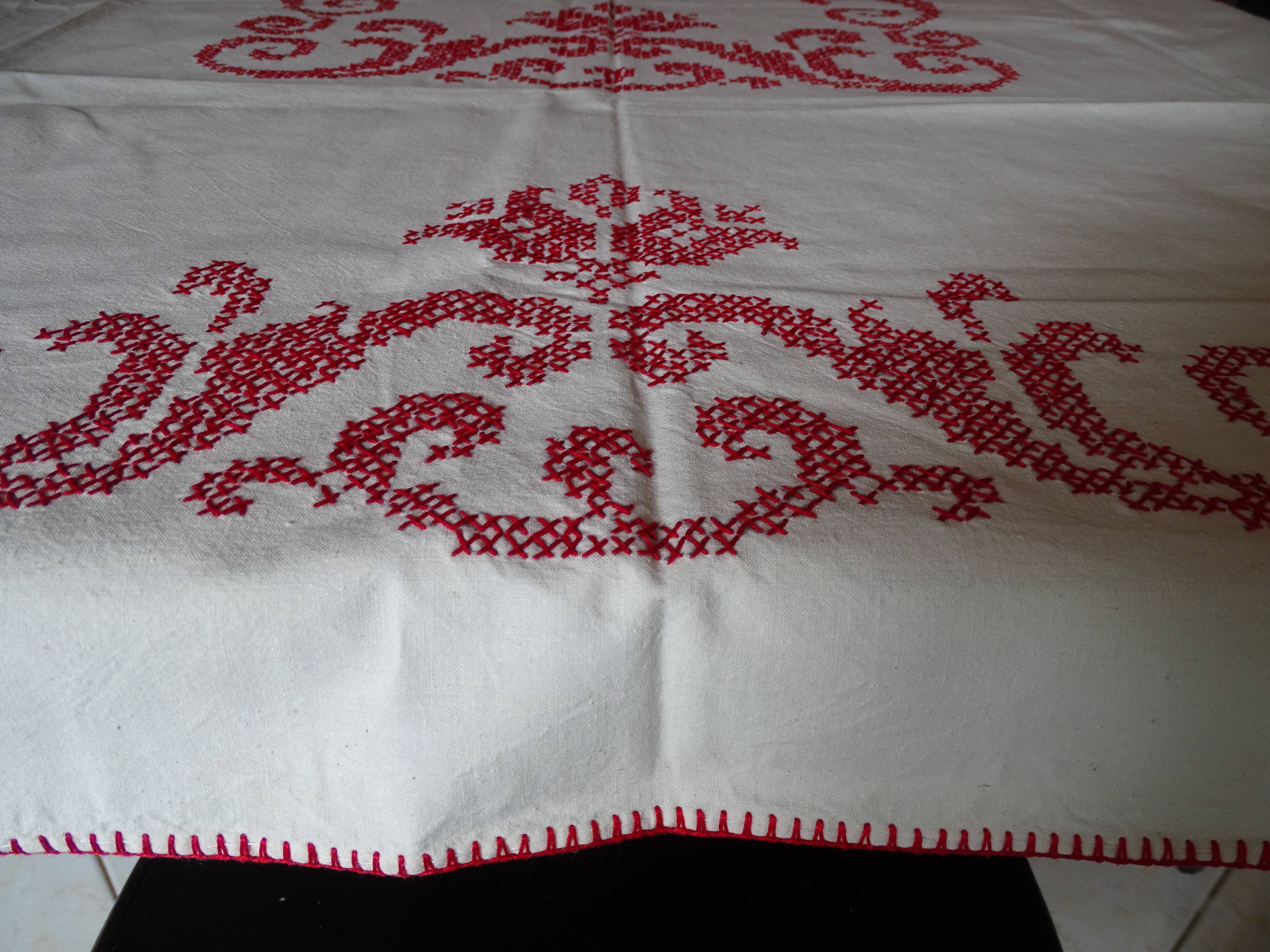 Cross-stitch embroidered tablecloth 160 x 130 in cotton