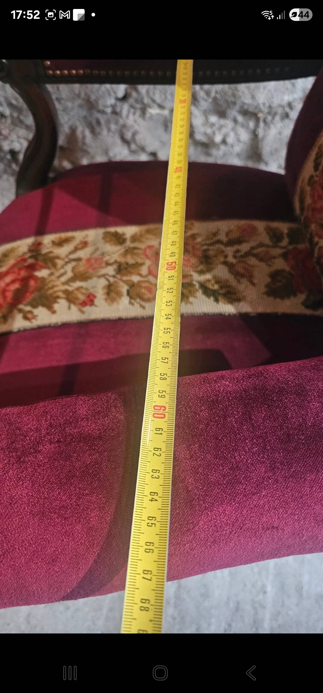 Louis-Philippe armchair in mahogany and burgundy velvet, floral decoration.