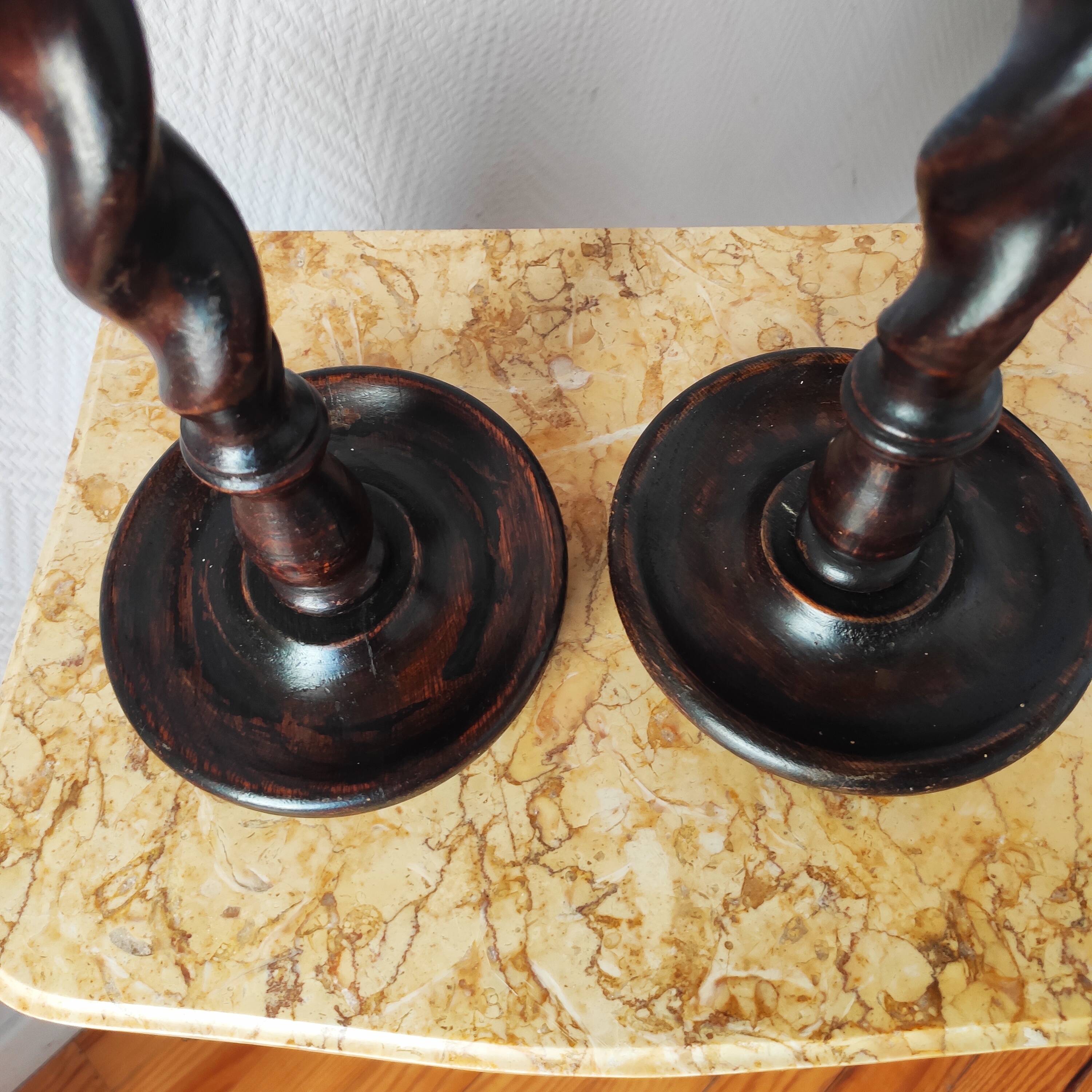 Old pair of English turned wood candlesticks