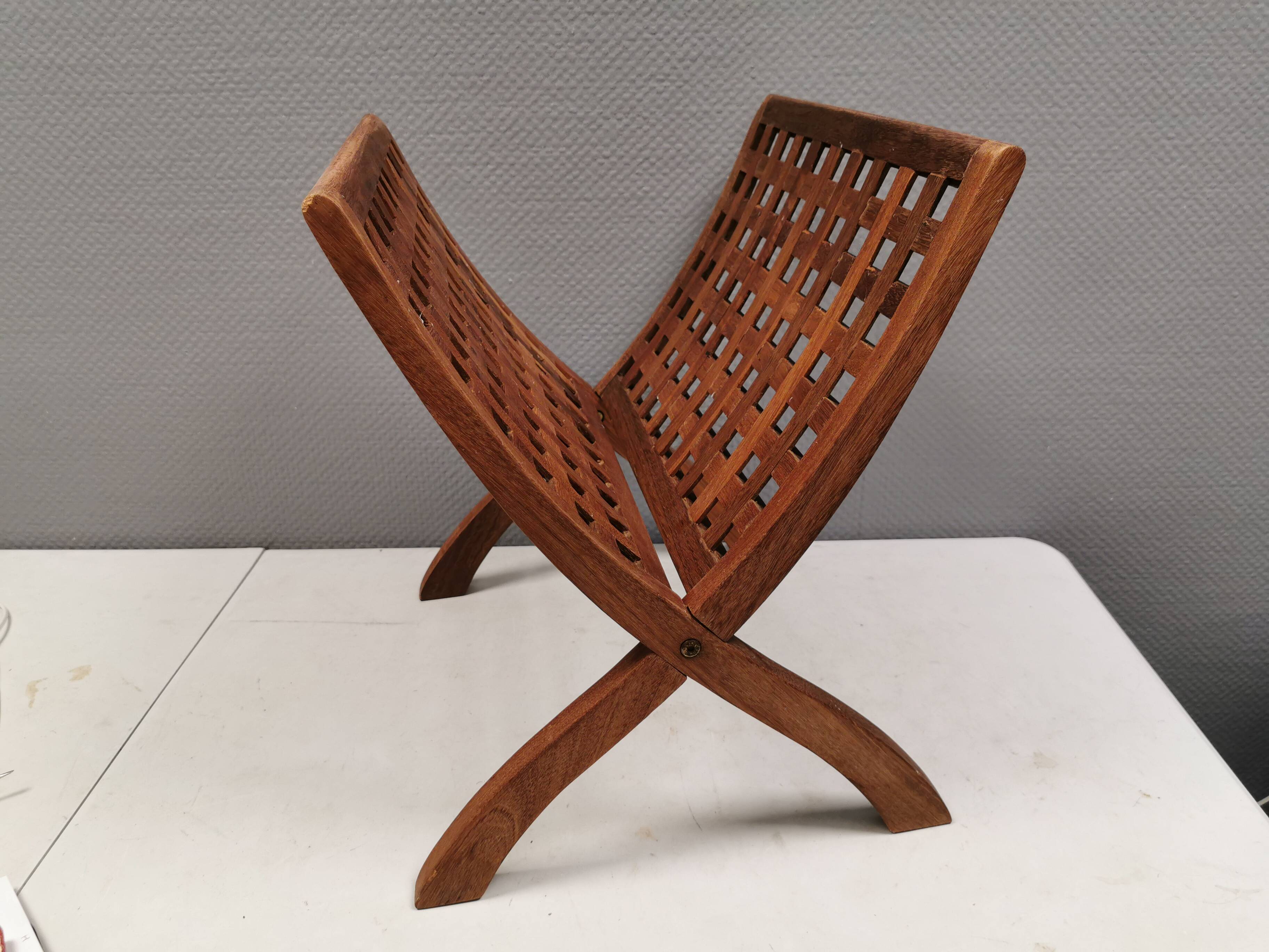 Teak newspaper/magazine rack, Danish, estimated 1970s–80s.