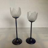 Pair of glass and metal flower candlesticks