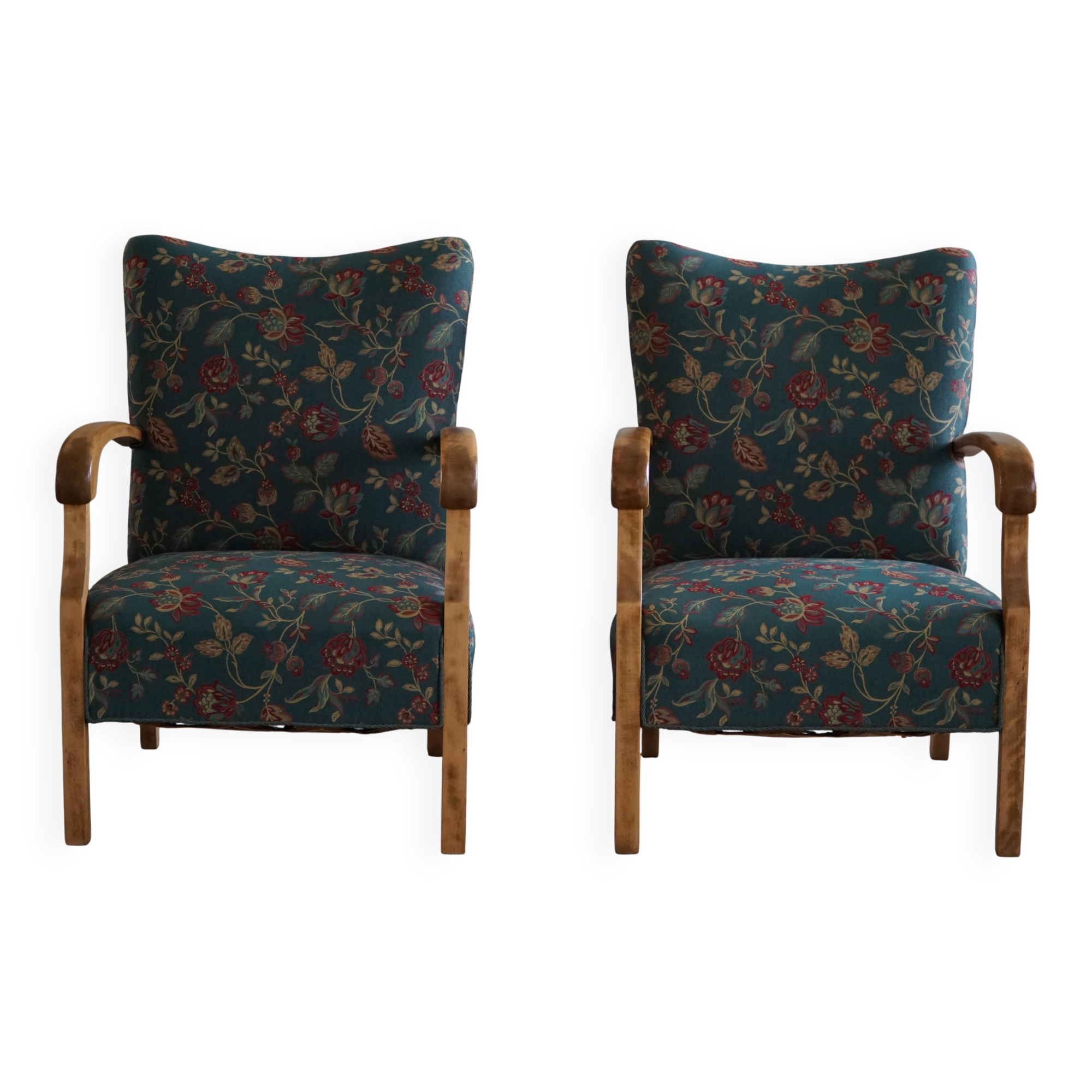 Danish mid-century modern, pair of beech armchairs with original fabric, 1960s.
