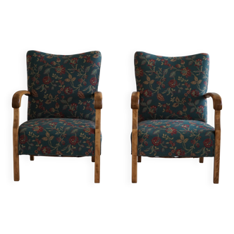 Danish mid-century modern, pair of beech armchairs with original fabric, 1960s.