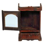 Massive Indian red display case, patinated bedside and original piece of teak wood