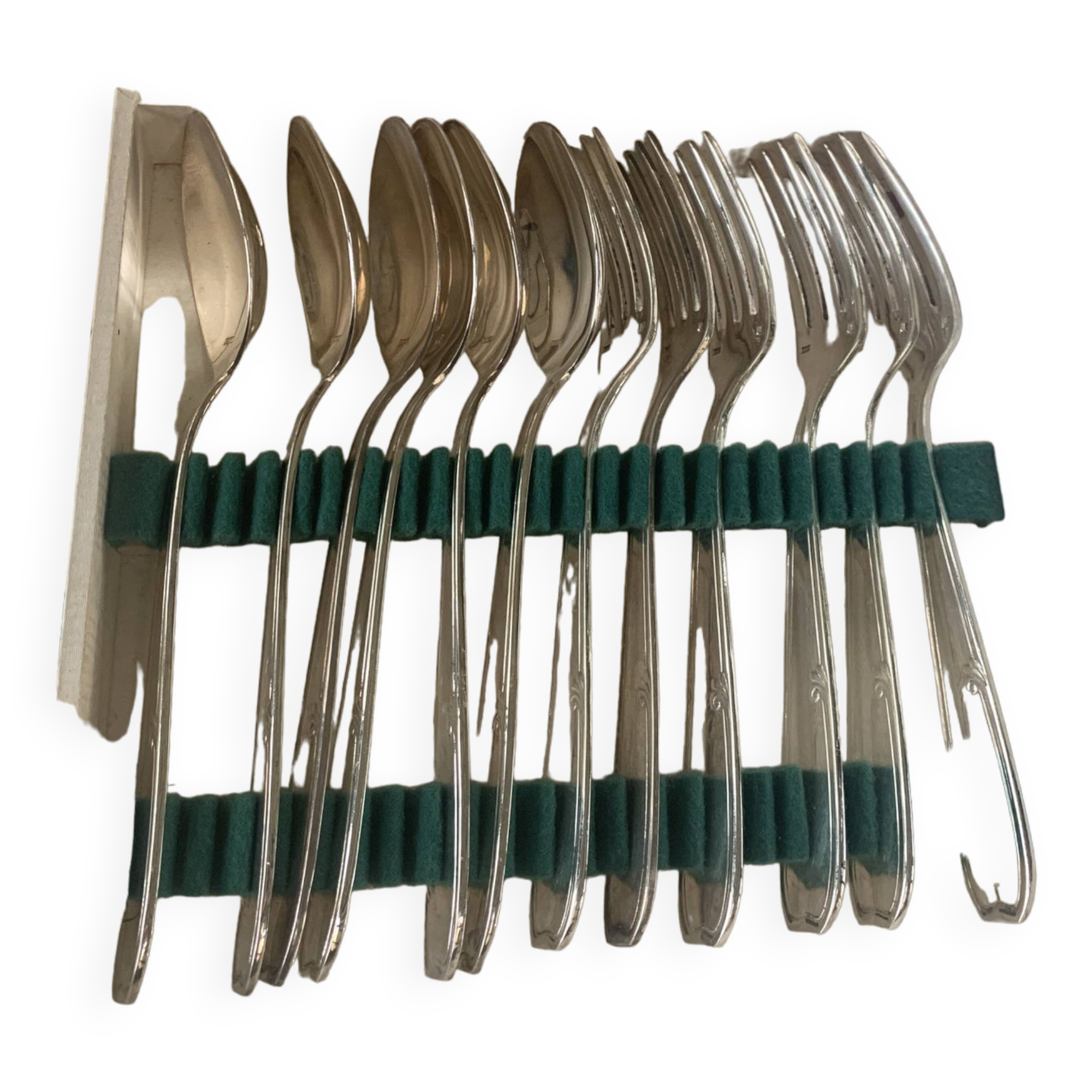 Set of 12 cutlery, 6 soup spoons and 6 forks in silver-plated metal, hallmark 84 and hallmark
