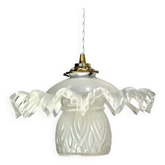 Opaline scalloped pendant light and Art Deco tulip
