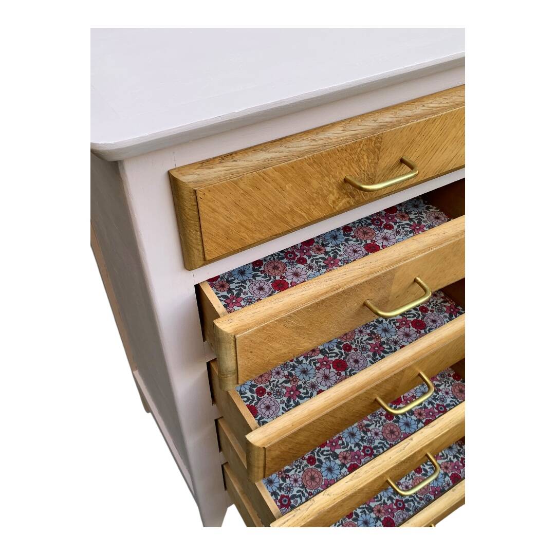 Vintage powder pink compass leg chest of drawers from the 1950s