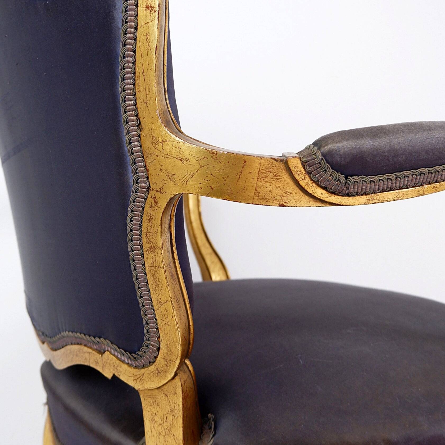 Louis XV style armchairs with original navy blue silk upholstery