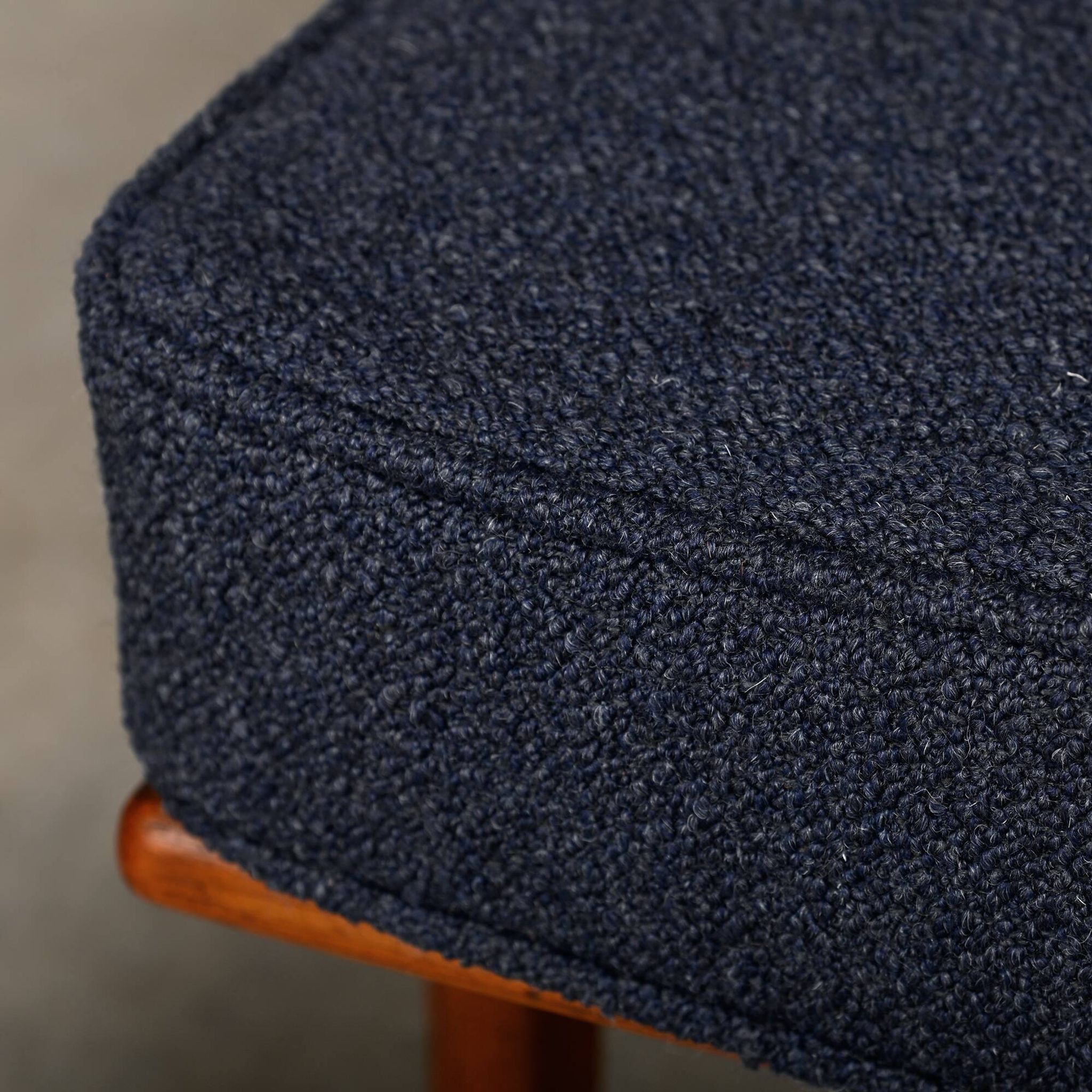 Pair Scandinavian Modern armchairs in teak and dark blue bouclé fabric