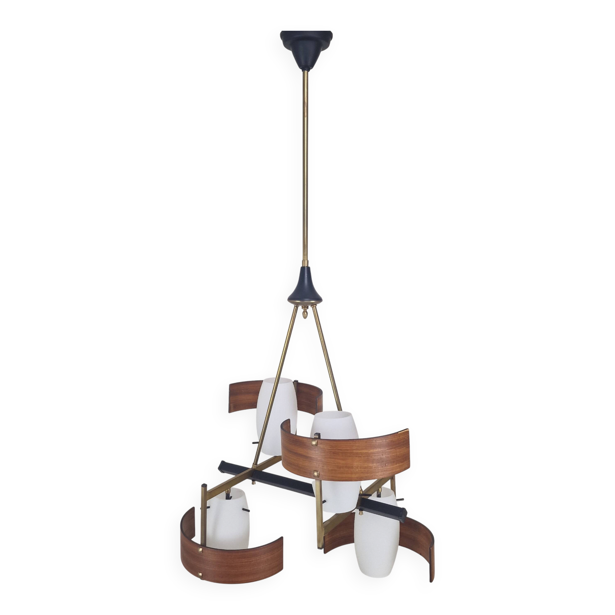 Italian Brass, Teak and Opaline Glass Chandelier by Stilnovo, 1960's
