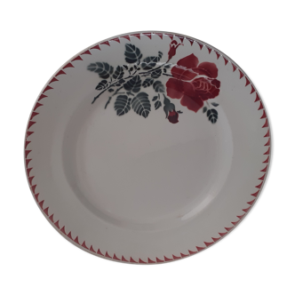 Plat fond blanc, fleur rouge 1950