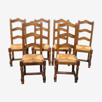 Set de 6 chaises de salle en chêne à haut dossier et assise paillée