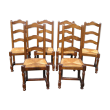 Set of 6 oak dining chairs with high backs and straw seats
