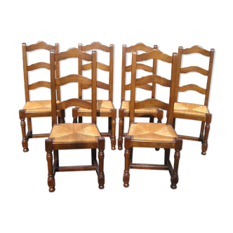 Set de 6 chaises de salle en chêne à haut dossier et assise paillée