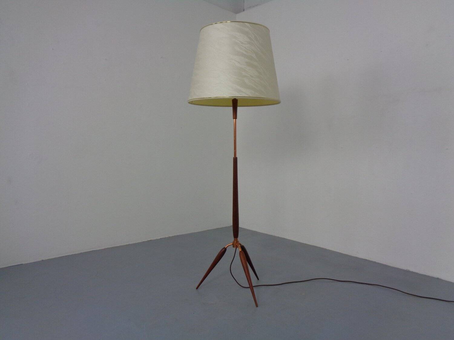 Tripod Teak & Copper Floor Lamp from Fog & Mørup, 1960s