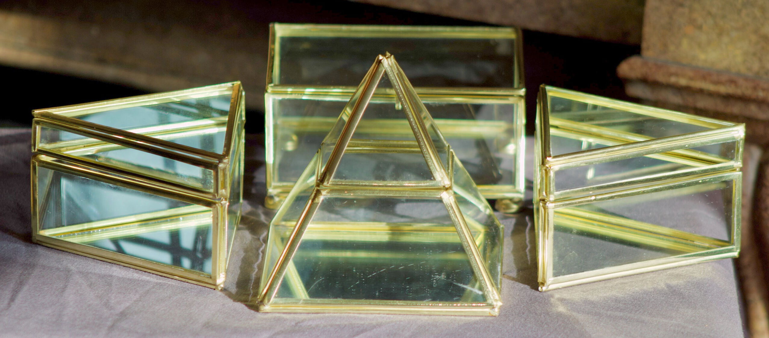 4 old glass, brass and mirror jewellery boxes