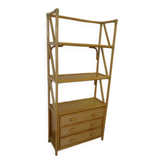 Vintage bookcase - 3 levels and 3 drawers - bamboo - wood - rattan - 80s natural color