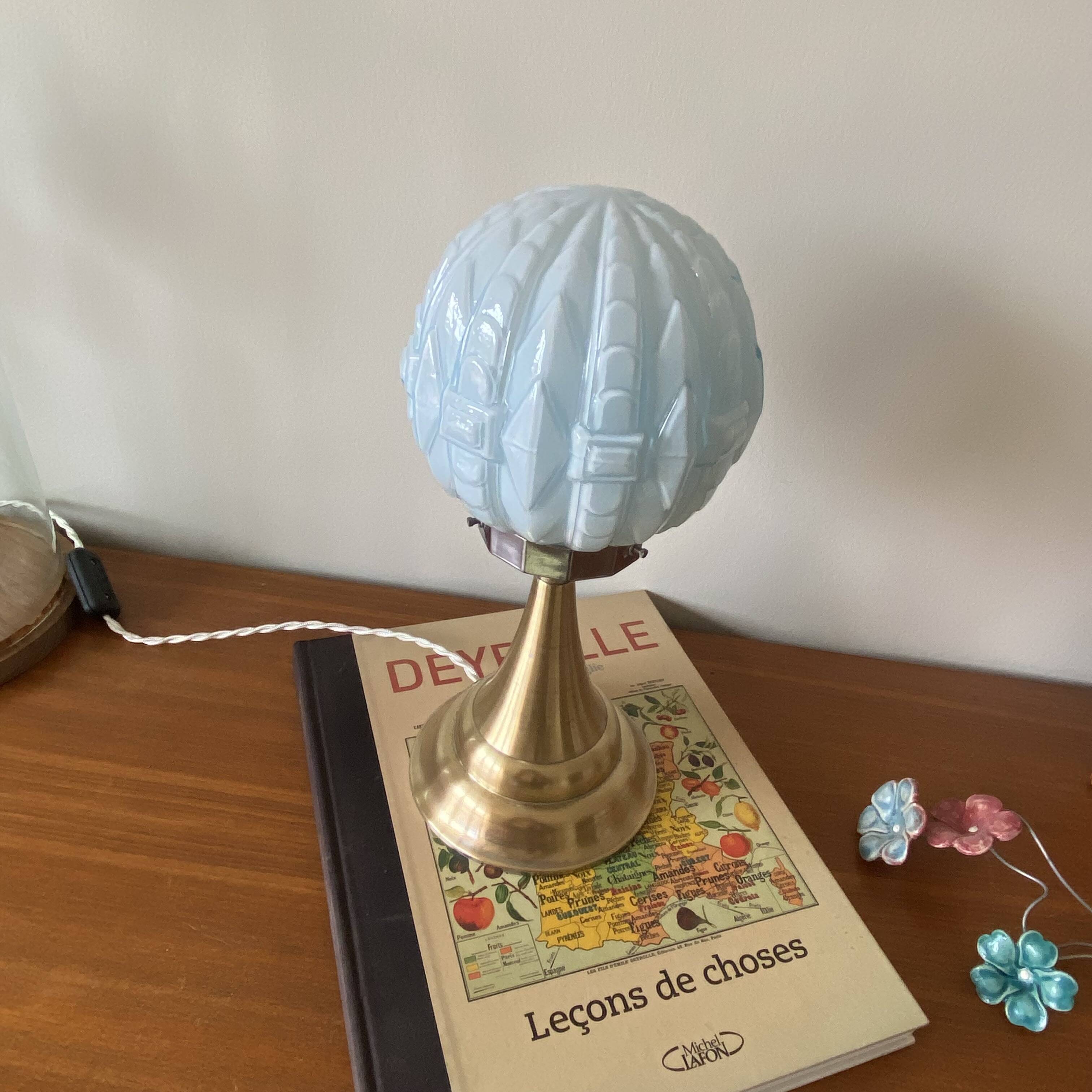 Vintage Art Deco modernist lamp with blue opaline glass and brass.