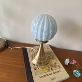 Vintage Art Deco modernist lamp with blue opaline glass and brass.