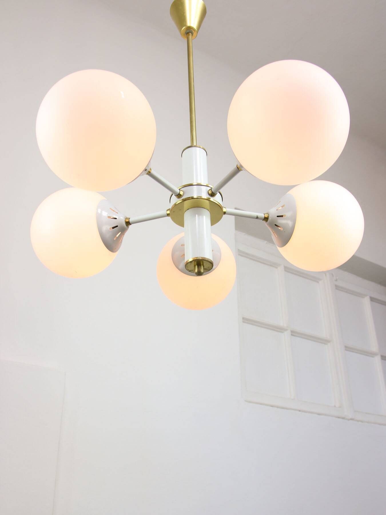 Vintage Italian Brass and Opaline Sputnik Chandelier, 1970s