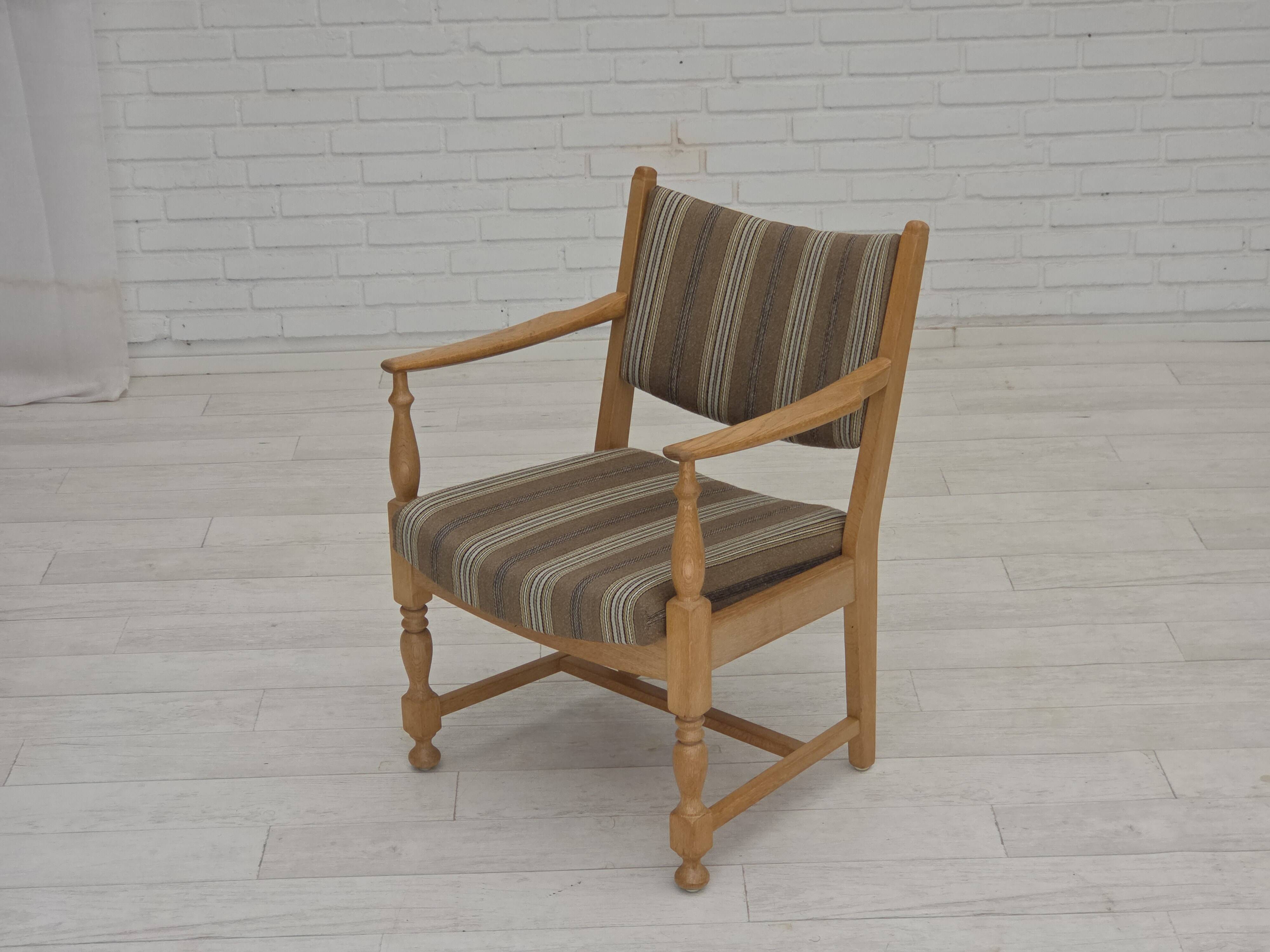 1970s, pair of Scandinavian armchairs, furniture wool, solid oak wood.