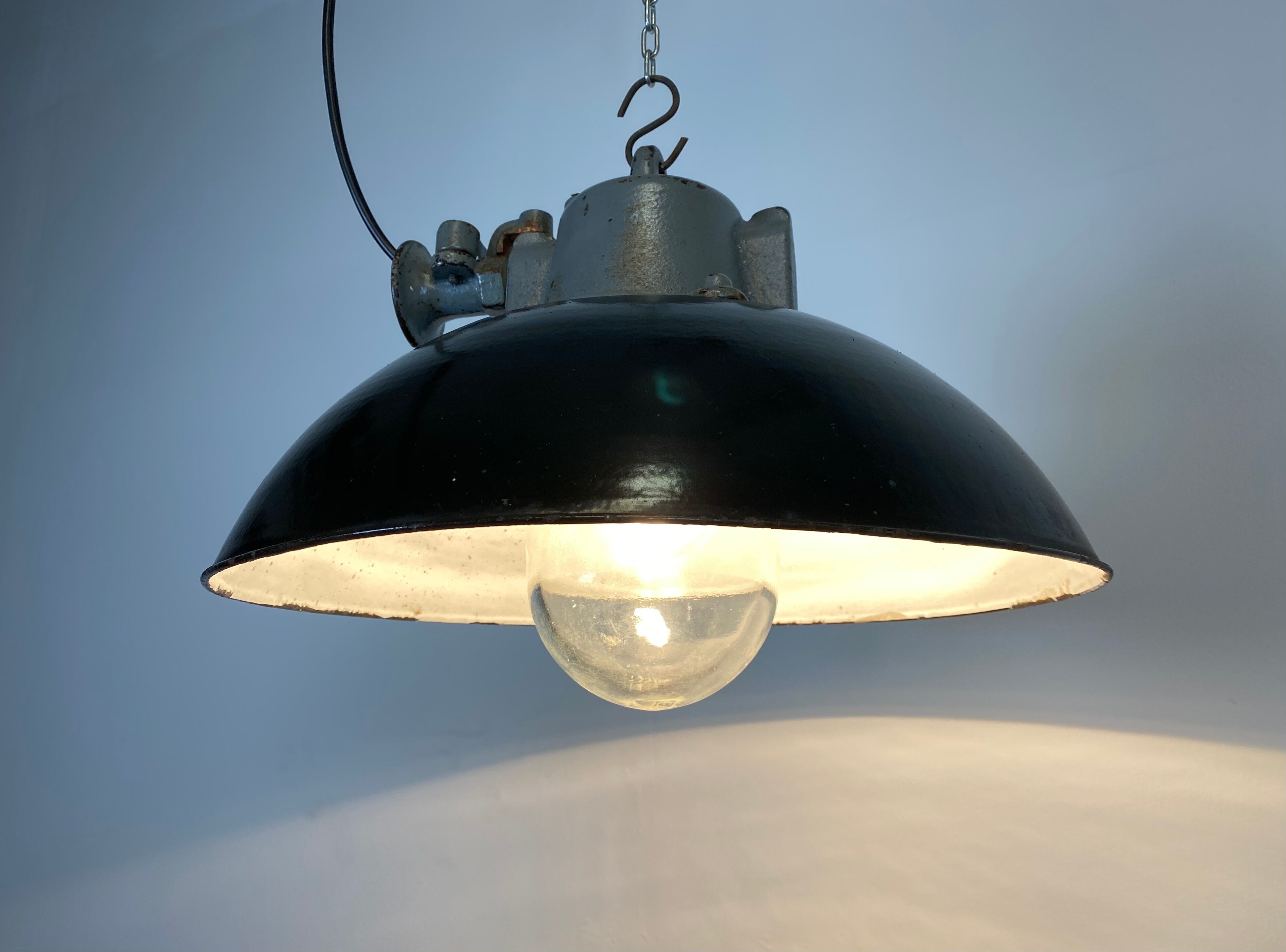 Black Enamel and Cast Iron Industrial Pendant Light, 1960s