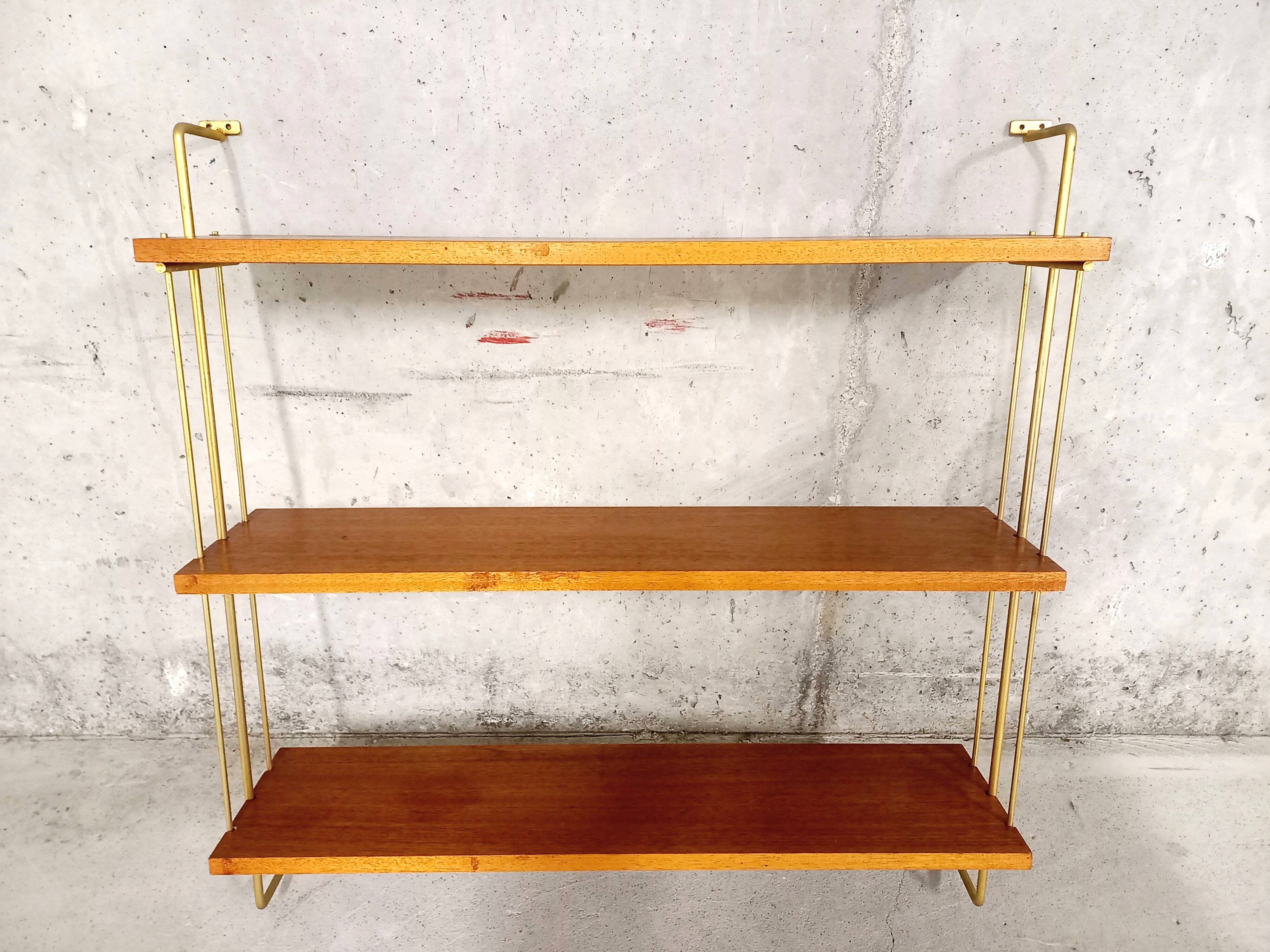 Vintage wall shelf in teak and golden brass String Tomado style
