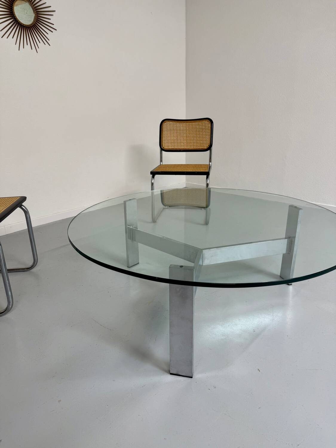 Grande table basse verre et métal design italien des années 70 vintage